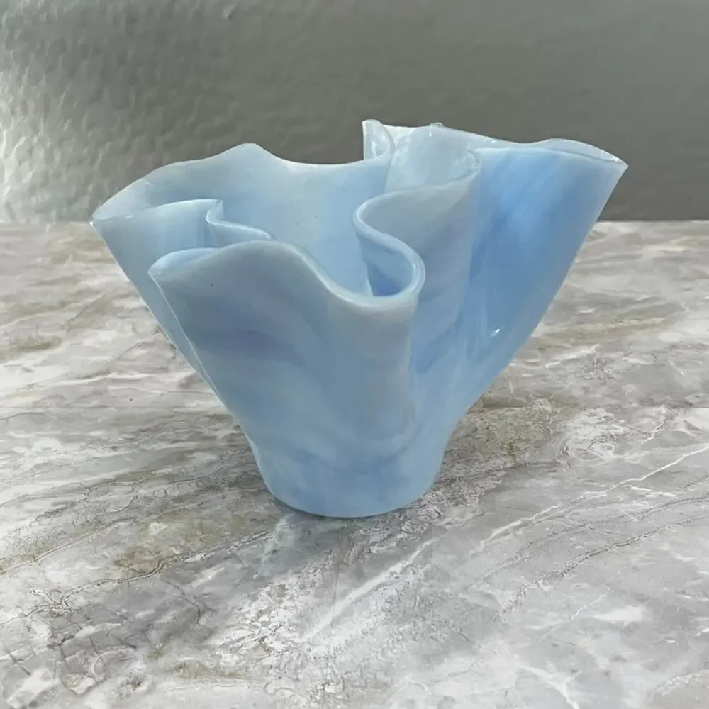 Art Glass Vase Opalescent Blue White Ruffled Handkerchief Murano Style